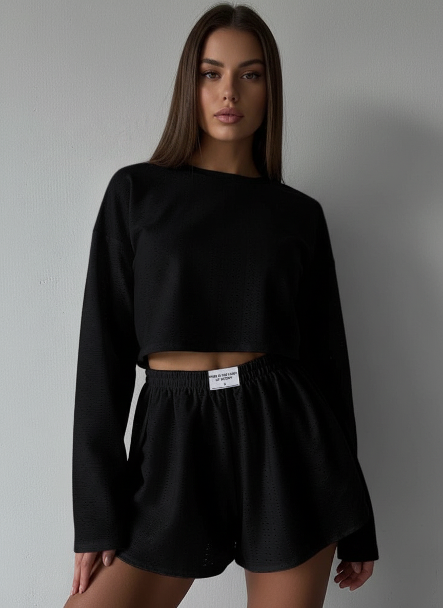 Ensemble Pyjama 2 Pièces à Manches Longues et Short avec Taille Élastique pour Femme