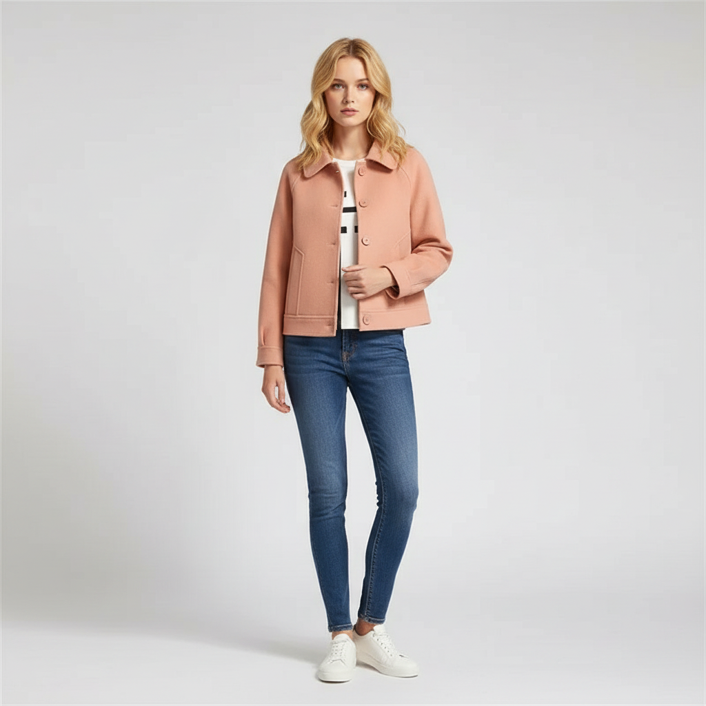 Veste Courte en Mélange de Laine avec Col Classique et Boutons pour Femme