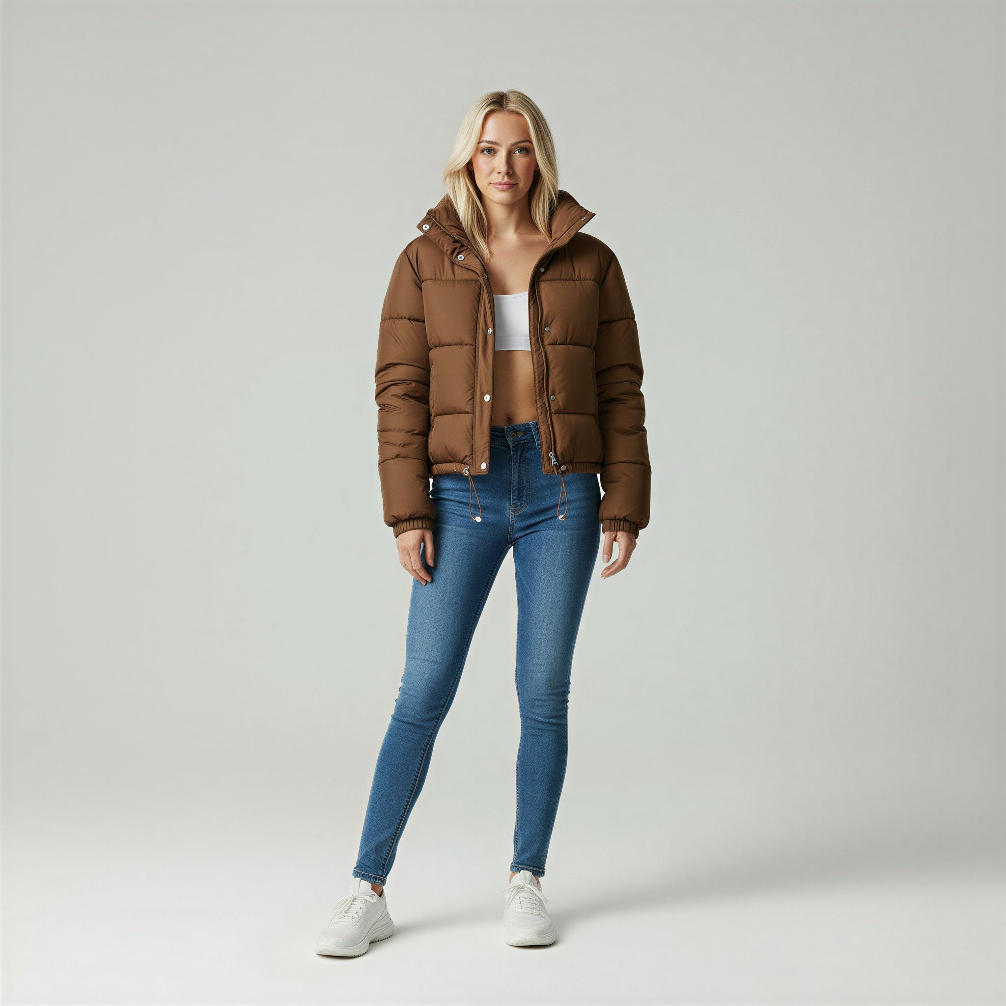 Doudoune Courte Rembourrée avec Col Montant et Poches Zippées pour Femme