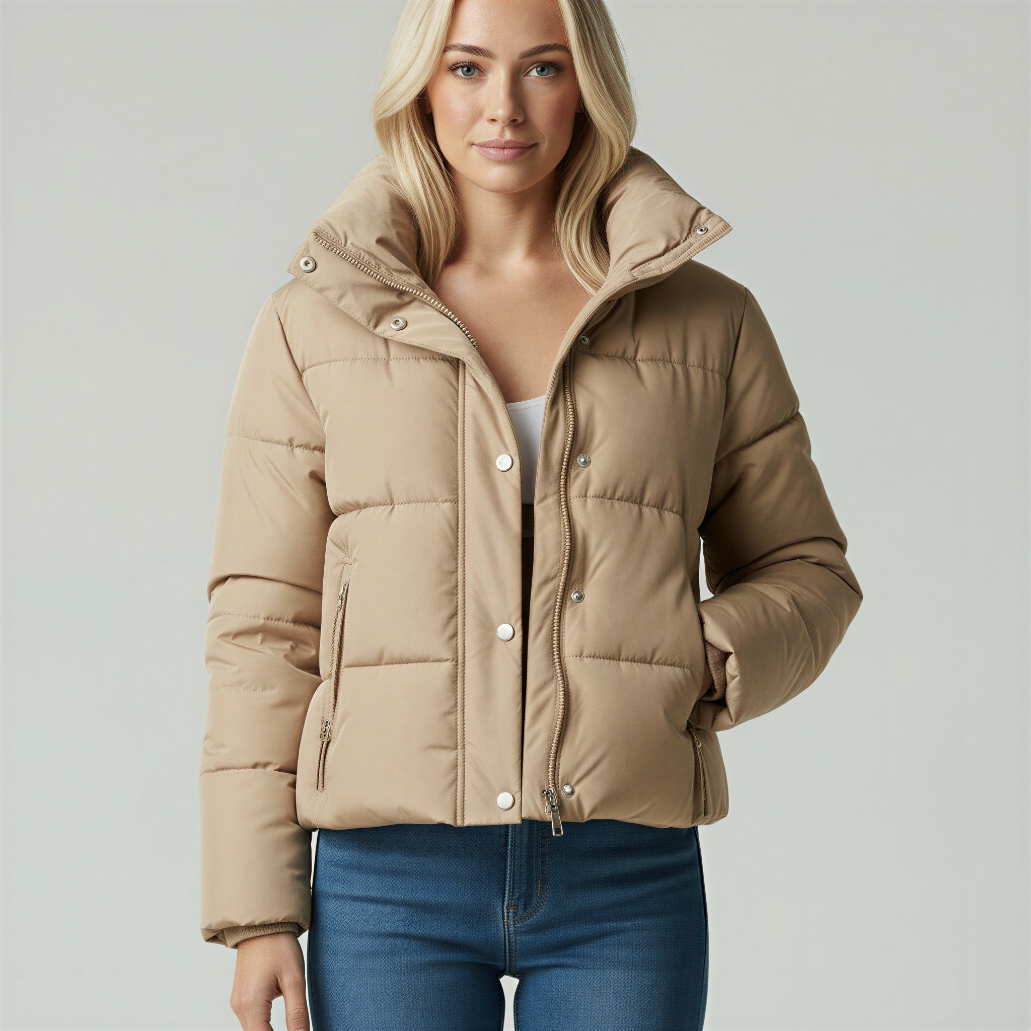 Doudoune Courte Rembourrée avec Col Montant et Poches Zippées pour Femme