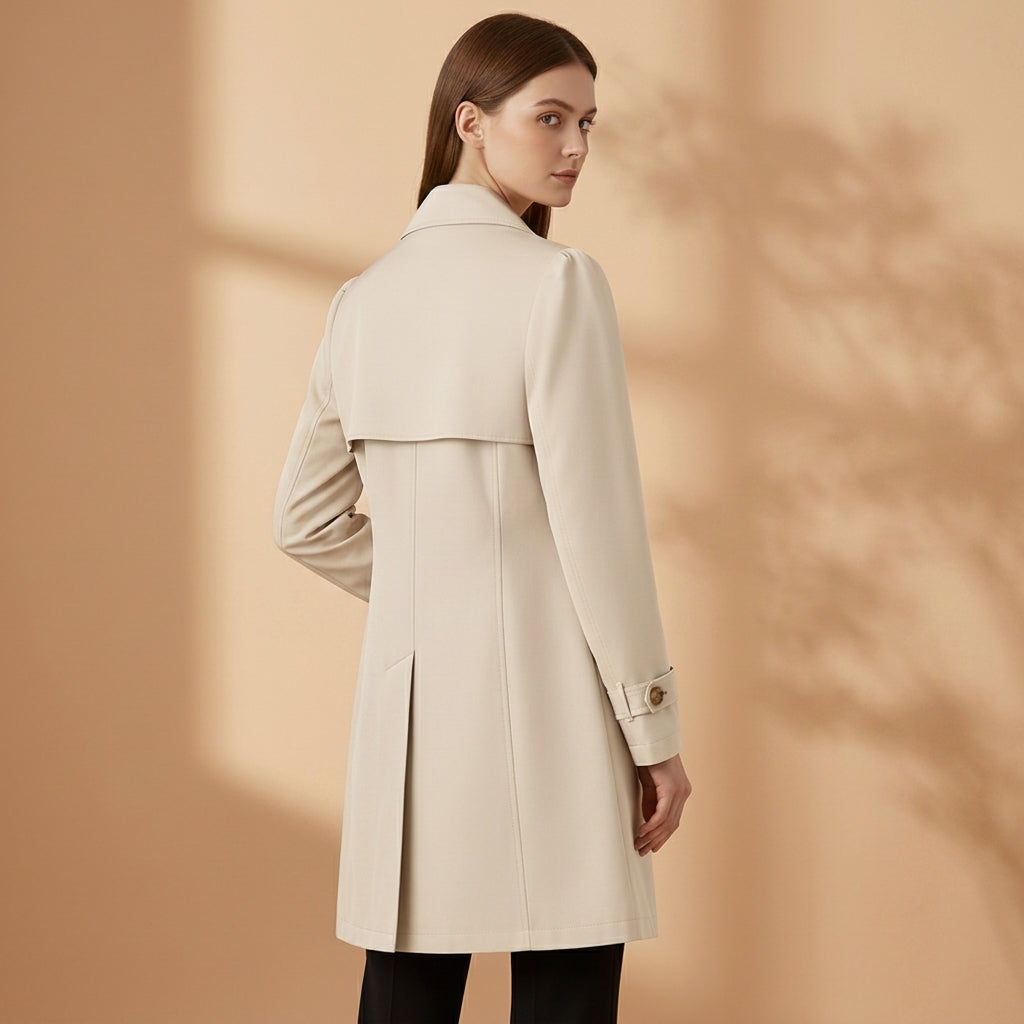 Cappotto trench da donna, taglio d'ufficio strutturato, colletto con cintura, cotone.