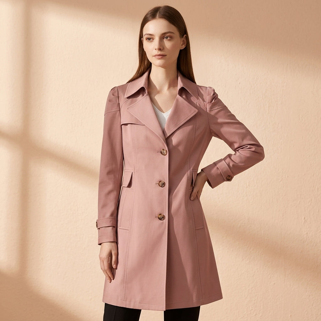 Cappotto trench da donna, taglio d'ufficio strutturato, colletto con cintura, cotone.