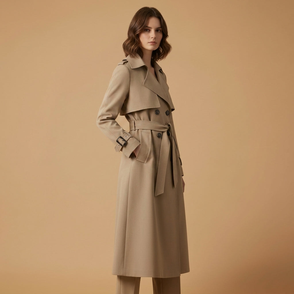 Cappotto trench da donna, taglio d'ufficio, cintura in vita, chiusura classica con bottoni, cotone.