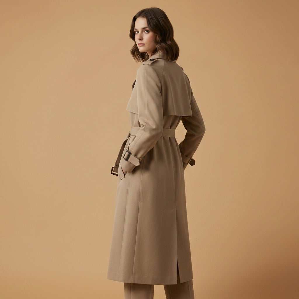 Cappotto trench da donna, taglio d'ufficio, cintura in vita, chiusura classica con bottoni, cotone.