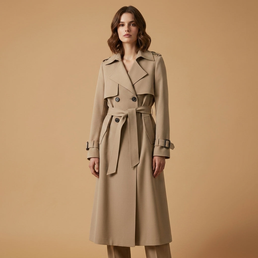 Cappotto trench da donna, taglio d'ufficio, cintura in vita, chiusura classica con bottoni, cotone.