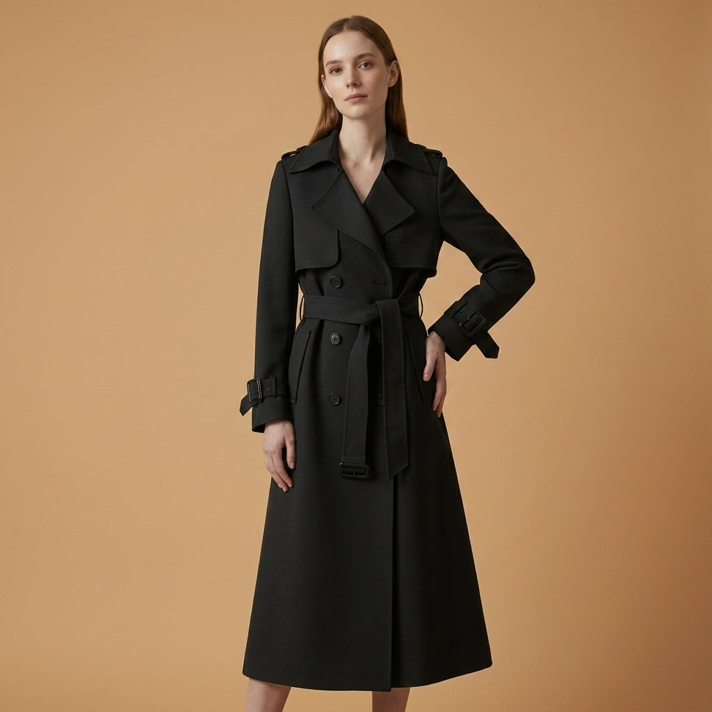 Cappotto trench da donna, taglio d'ufficio, cintura in vita, chiusura classica con bottoni, cotone.
