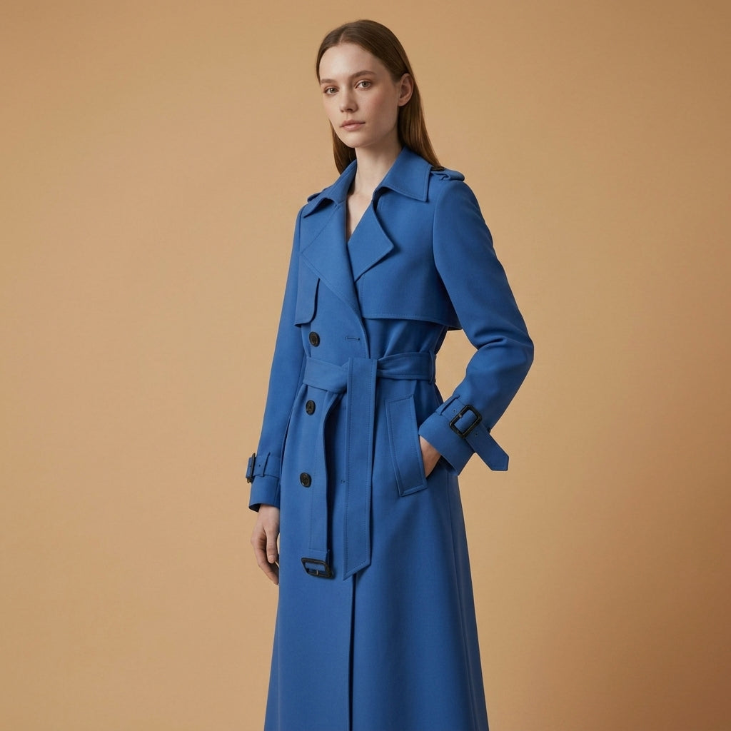 Cappotto trench da donna, taglio d'ufficio, cintura in vita, chiusura classica con bottoni, cotone.
