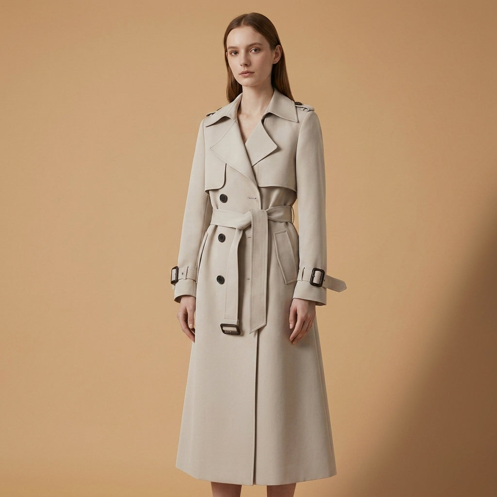 Cappotto trench da donna, taglio d'ufficio, cintura in vita, chiusura classica con bottoni, cotone.