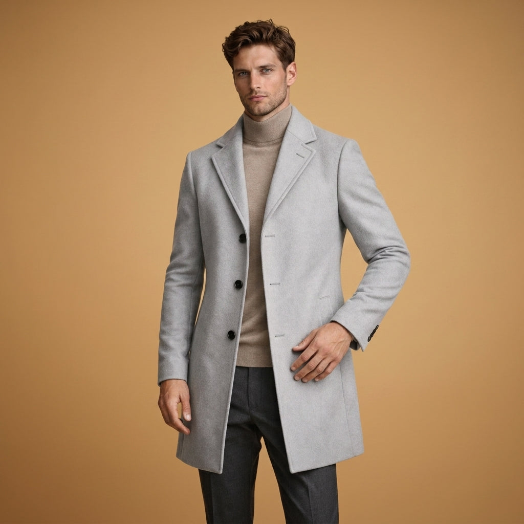 Cappotto da uomo in lana, taglio sartoriale lungo, chiusura con bottoni, adatto per l'ufficio.