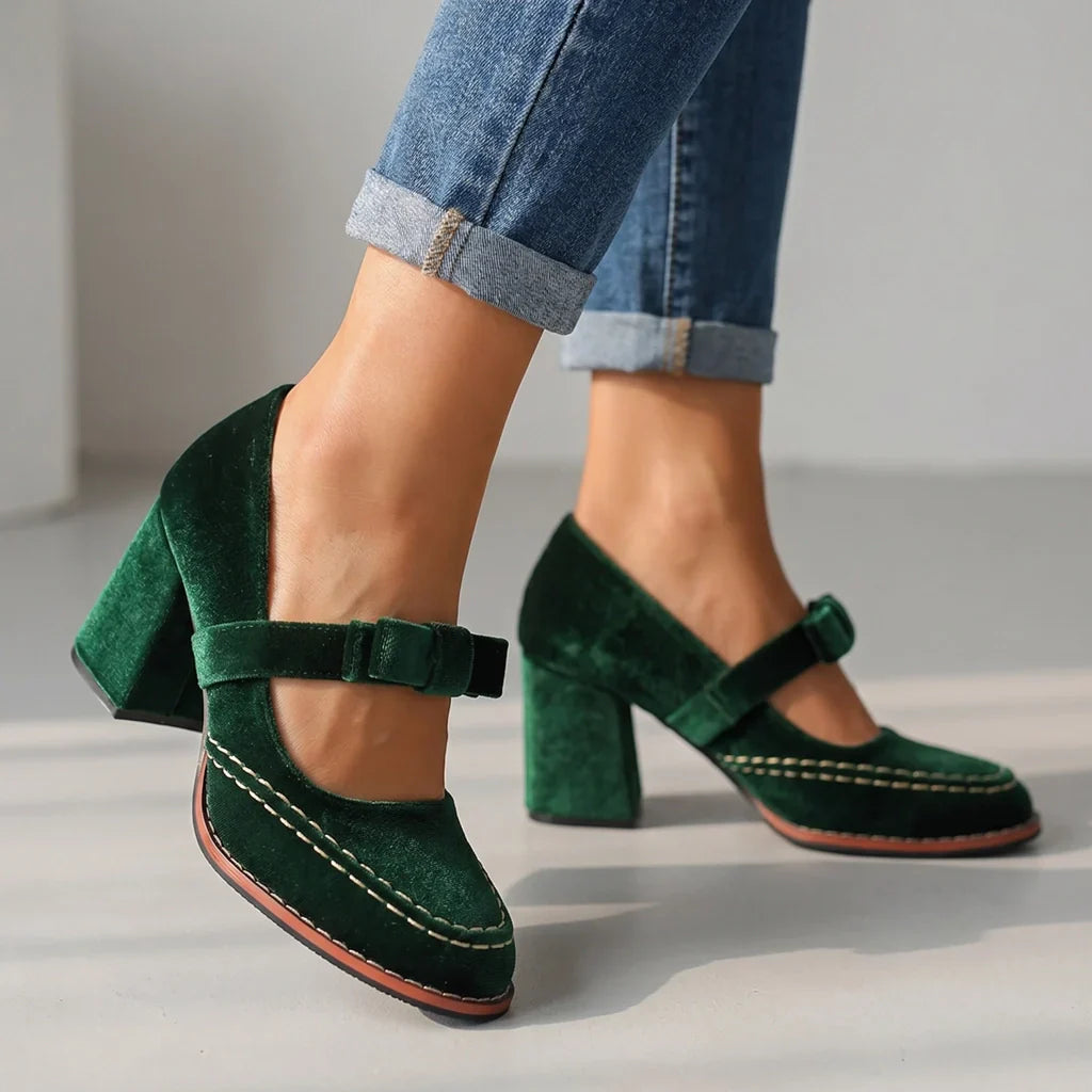 Women's heeled moccasins - retro style velvet for office