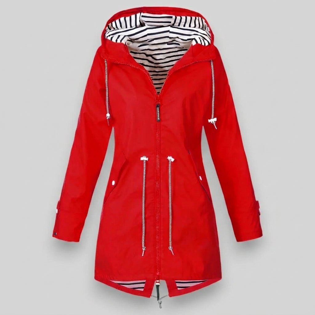 Dámská nepromokavá bunda s kapucí, nastavitelnou stahovací šňůrkou a zipem pro každodenní nošení
