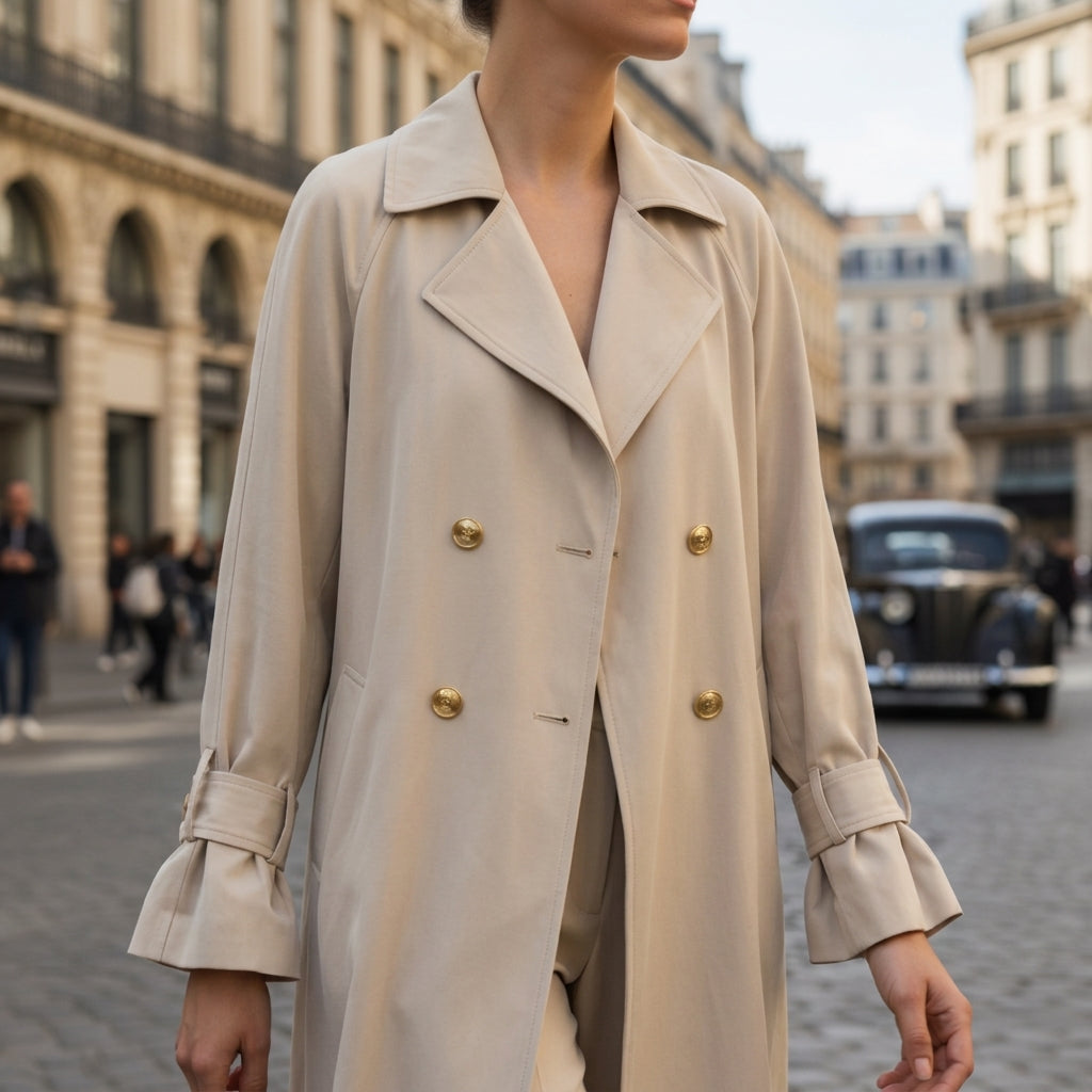 Cappotto trench impermeabile da donna, taglio classico, silhouette raffinata per la città.