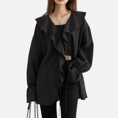 Velclairemode | Blouse Décontractée Femme à Volants Raffinés – Col V Lacé, Élégance Spontanée