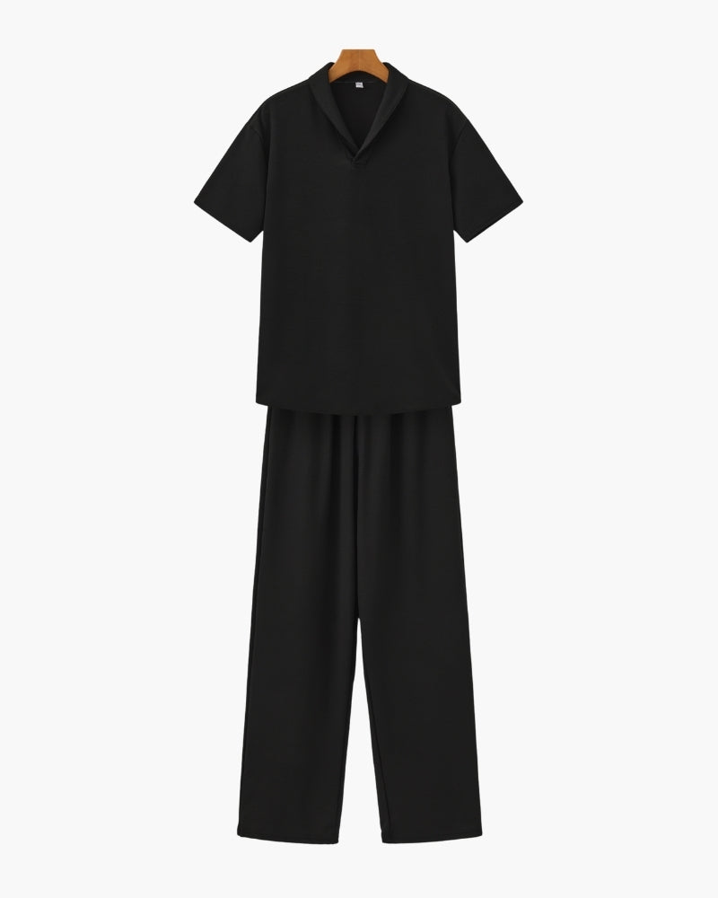 Afslapningssæt i bomuld til mænd med revers-skjorte og vide bukser