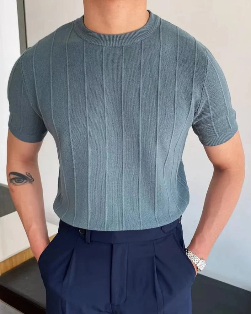 Tricou din tricot cu guler rotund și mâneci scurte, din lână fină pentru bărbați