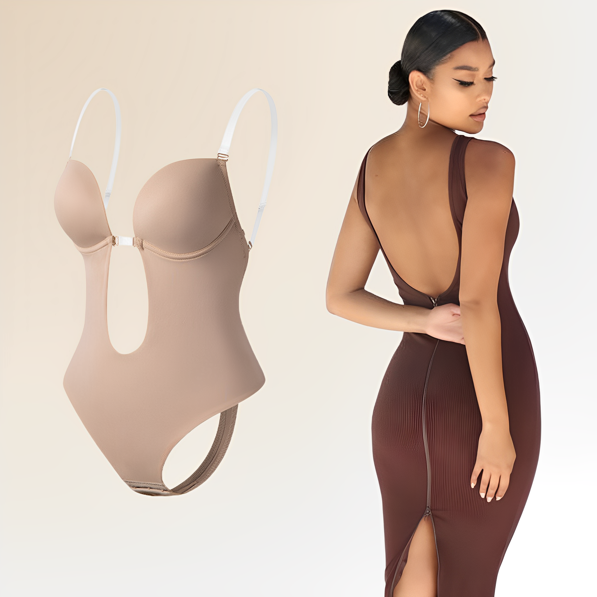 Body Modelator cu Spate Gol pentru Femei cu Sutien Integrat și Bretele Detasabile