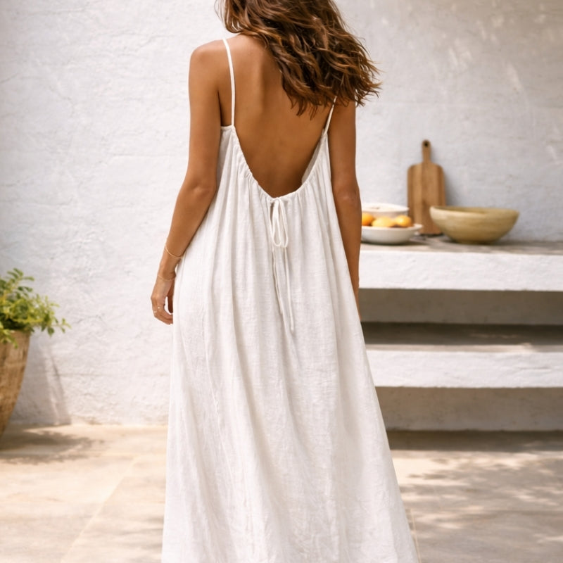 Robe Longue en Lin et Coton à Bretelles Spaghetti Réglables et Dos Nu pour Femme