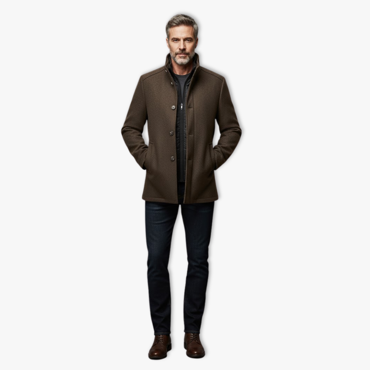 Manteau Long en Laine pour Homme Col Montant Simple Boutonnage avec Gilet
