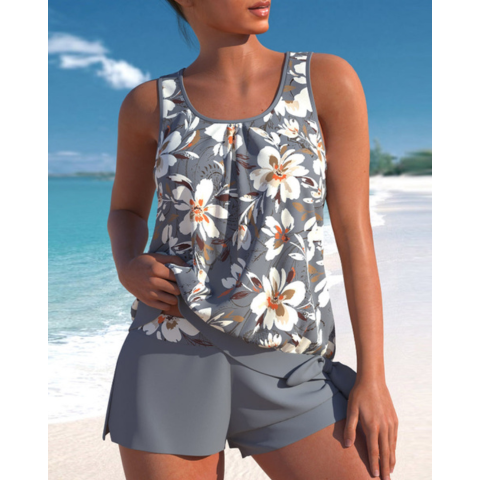 Maillot de Bain Tankini à Larges Bretelles avec Top Long et Short