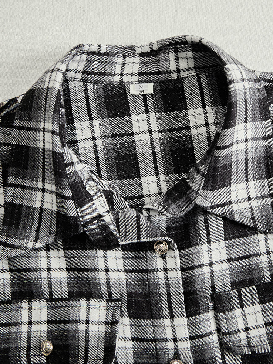 Robe Longue Chemise à Imprimé Écossais avec Manches Longues et Col Rabattu