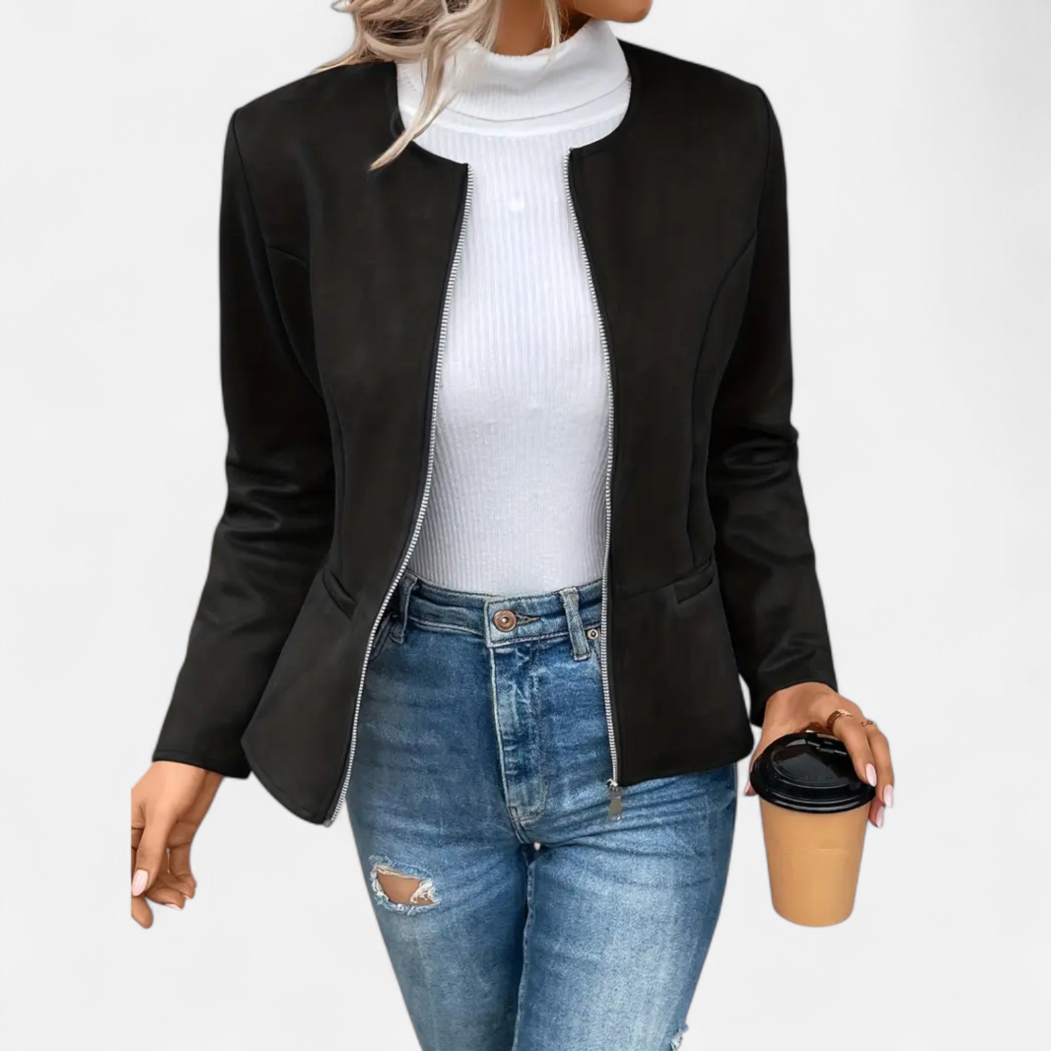 Velclairemode | Women's Short Zip-Up Jacket with Elegant Round Neck