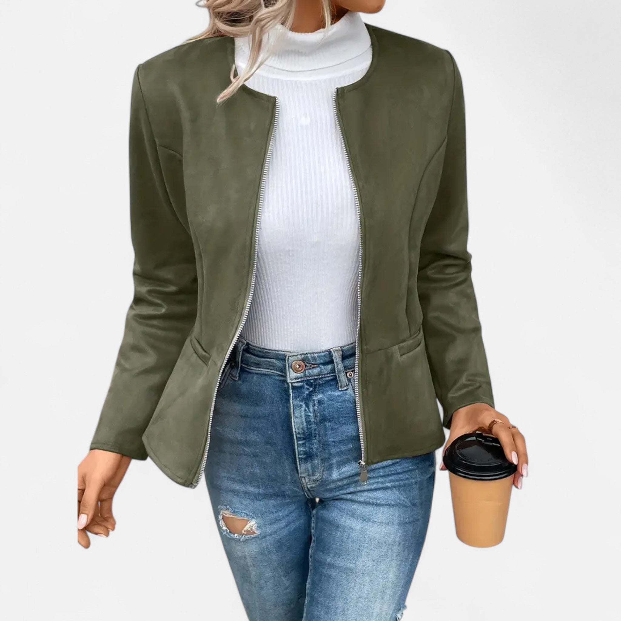 Velclairemode | Women's Short Zip-Up Jacket with Elegant Round Neck