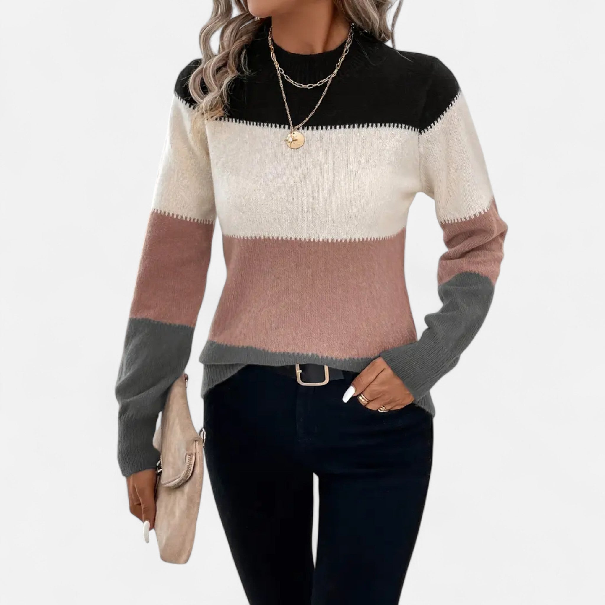 Velclairemode | Women's Color Block Stand-Up Collar Sweater for Fall-Winter