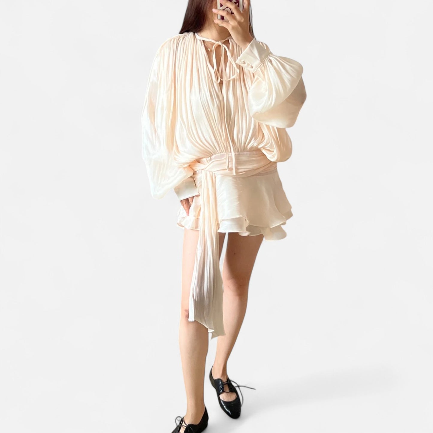 Velclairemode | Robe-Chemise Mini Femme Unie – Col V, Manches Longues, Détail Lacé & Design Structuré