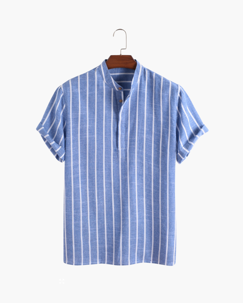 Chemise en Lin à Rayures pour Homme avec Col Officier et Manches Courtes