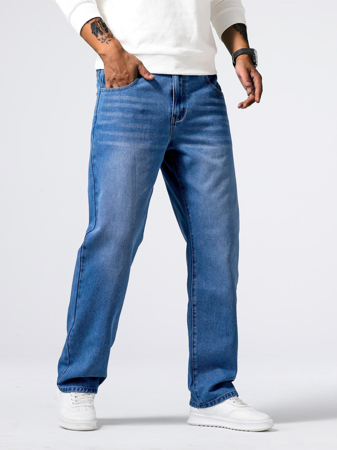Jeans masculino de corte reto, para o dia a dia, com efeito desbotado e estilo casual atemporal