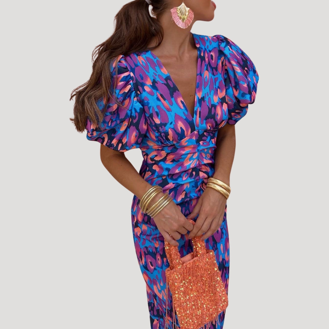 Rochie de cocktail midi mulată cu mâneci statement și model grafic
