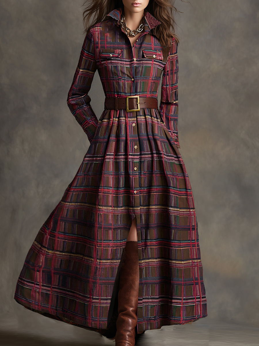 Robe Longue Chemise à Imprimé Écossais avec Manches Longues et Col Rabattu