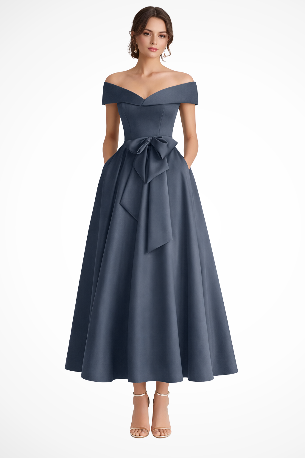 Vestido Midi para Convidada de Casamento Estilo Patinadora com Ombros à Mostra e Laço