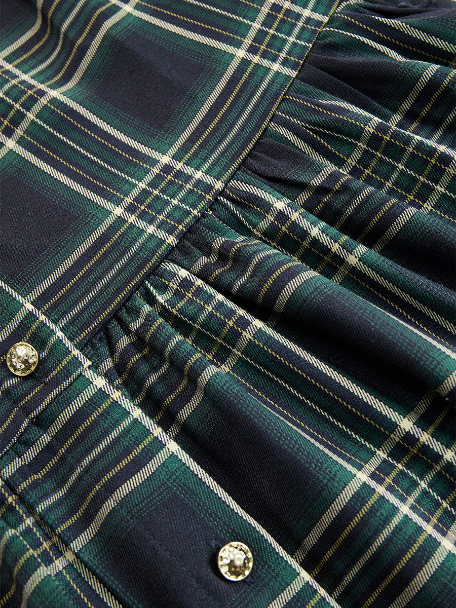 Robe Longue Chemise à Imprimé Écossais avec Manches Longues et Col Rabattu