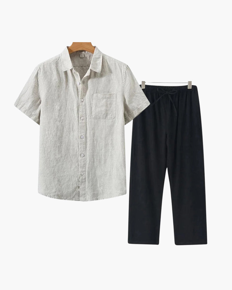 Set de relaxare din in pur pentru bărbați, cu cămașă cu mâneci lungi și pantaloni
