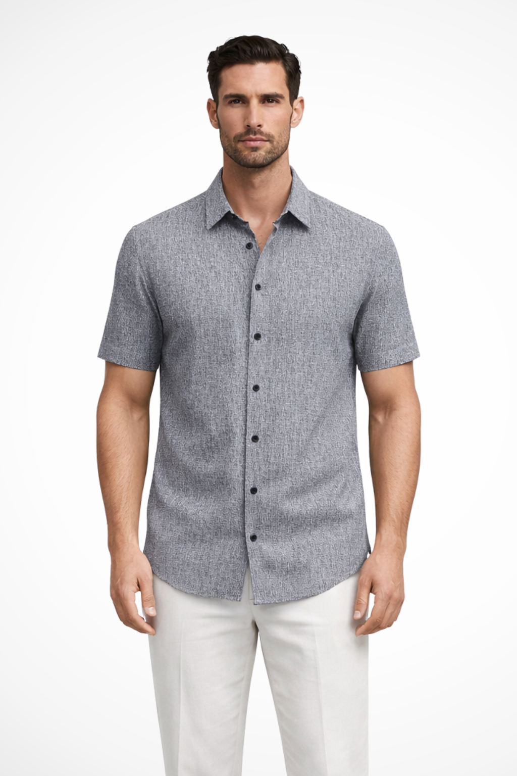 Camisa Casual de Manga Curta para Homem com Textura Sutil e Gola Pontuda