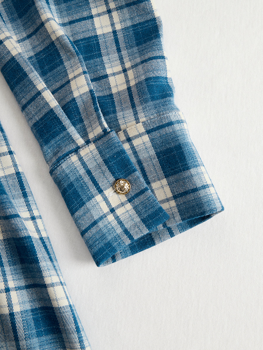 Robe Longue Chemise à Imprimé Écossais avec Manches Longues et Col Rabattu