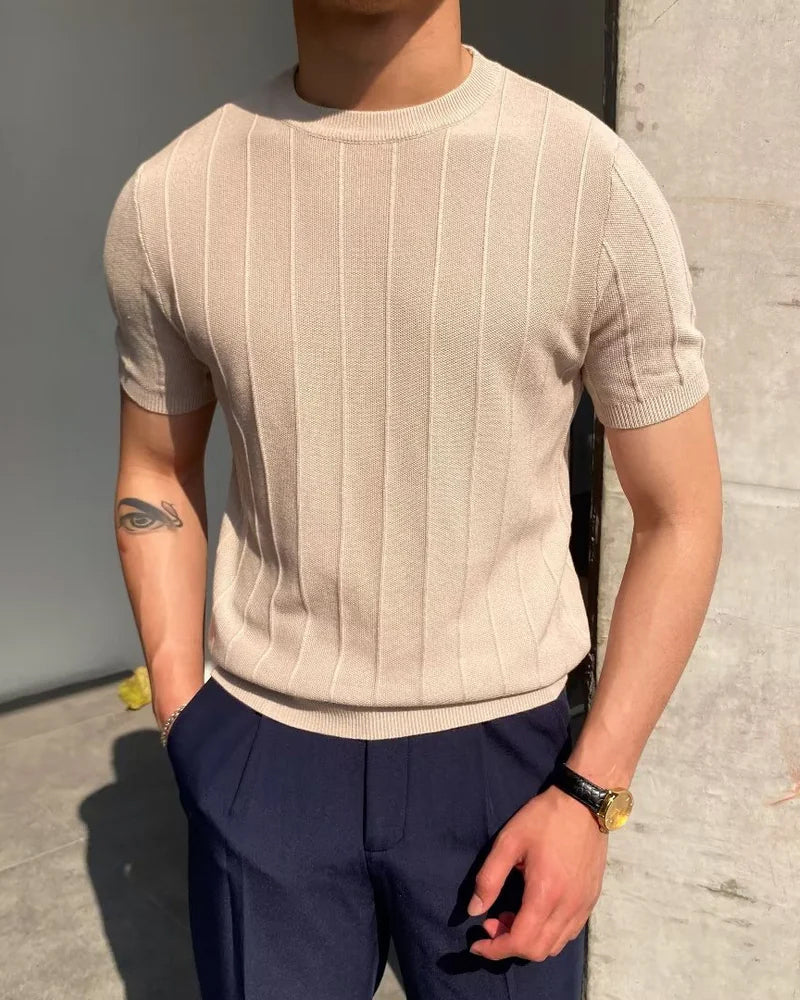 Tricou din tricot cu guler rotund și mâneci scurte, din lână fină pentru bărbați
