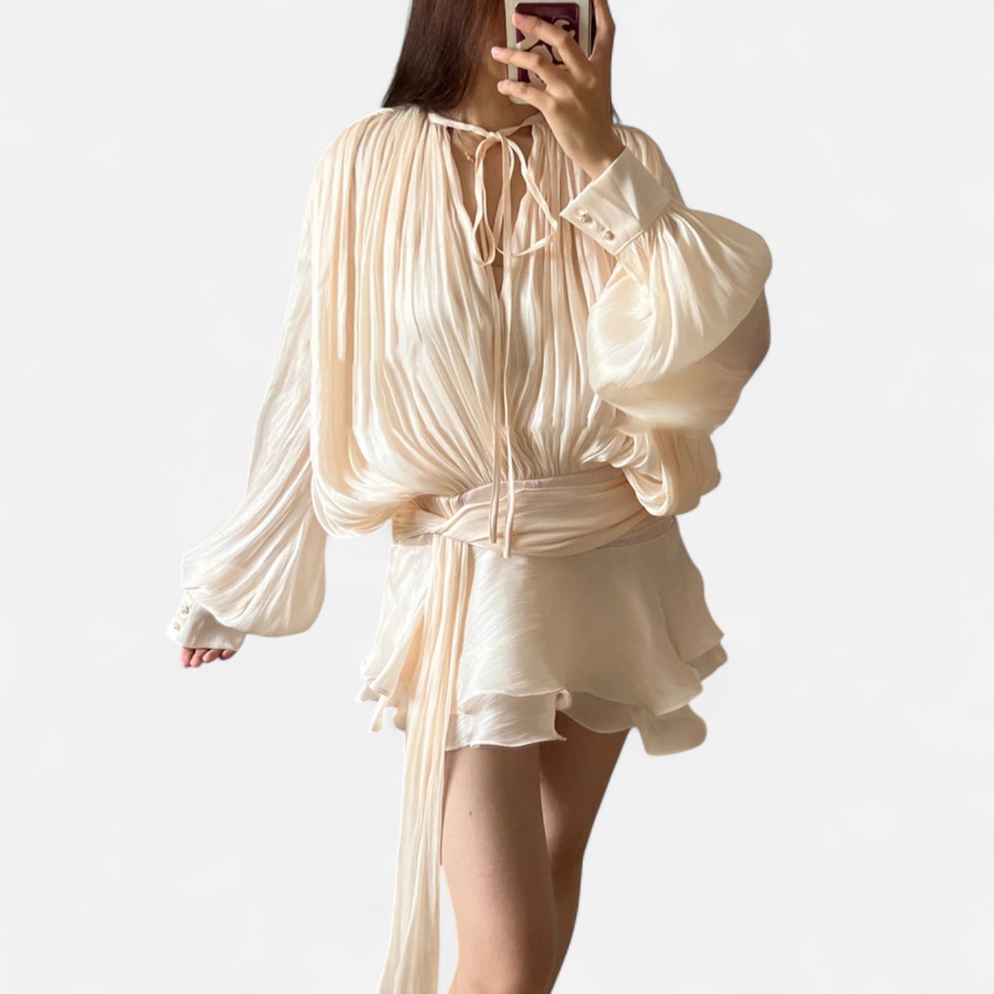 Velclairemode | Robe-Chemise Mini Femme Unie – Col V, Manches Longues, Détail Lacé & Design Structuré