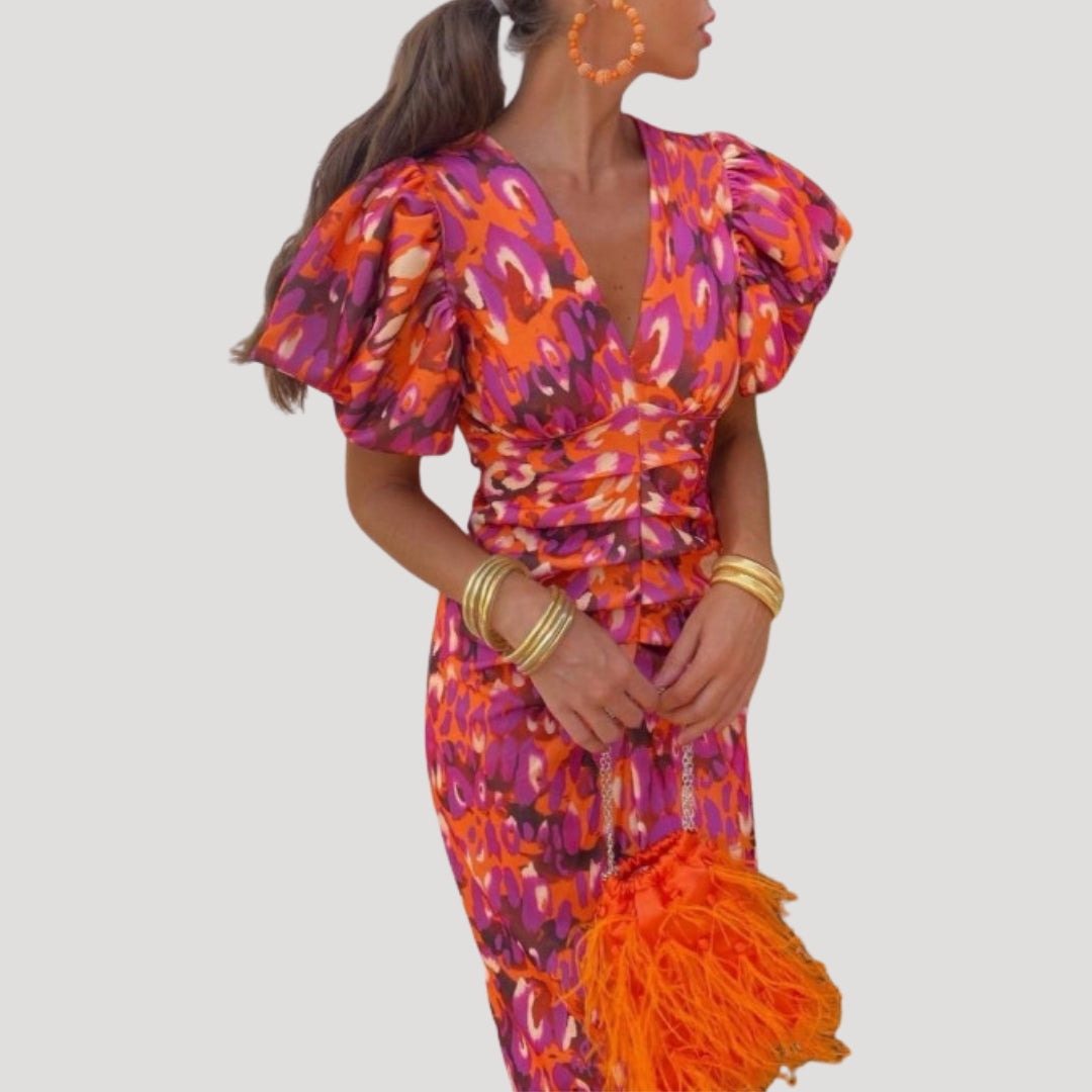 Rochie de cocktail midi mulată cu mâneci statement și model grafic