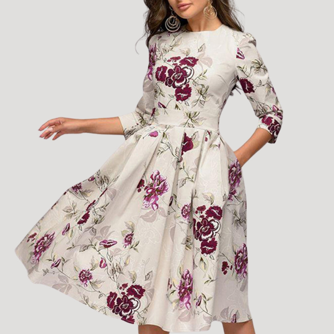 Robe Invitée de Mariage à Motif Botanique Longueur Midi et Manches Longues