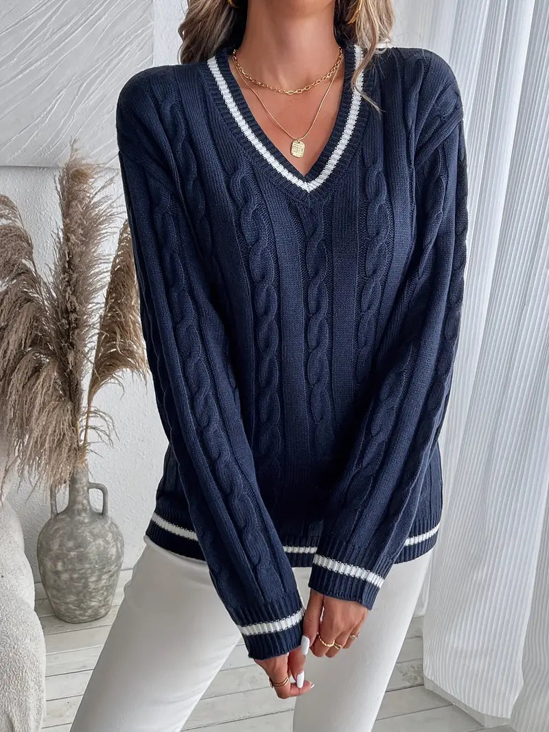 Mujer Jersey de cuello de pico para diario, con motivo trenzado, corte holgado, detalle de rayas y cómodo
