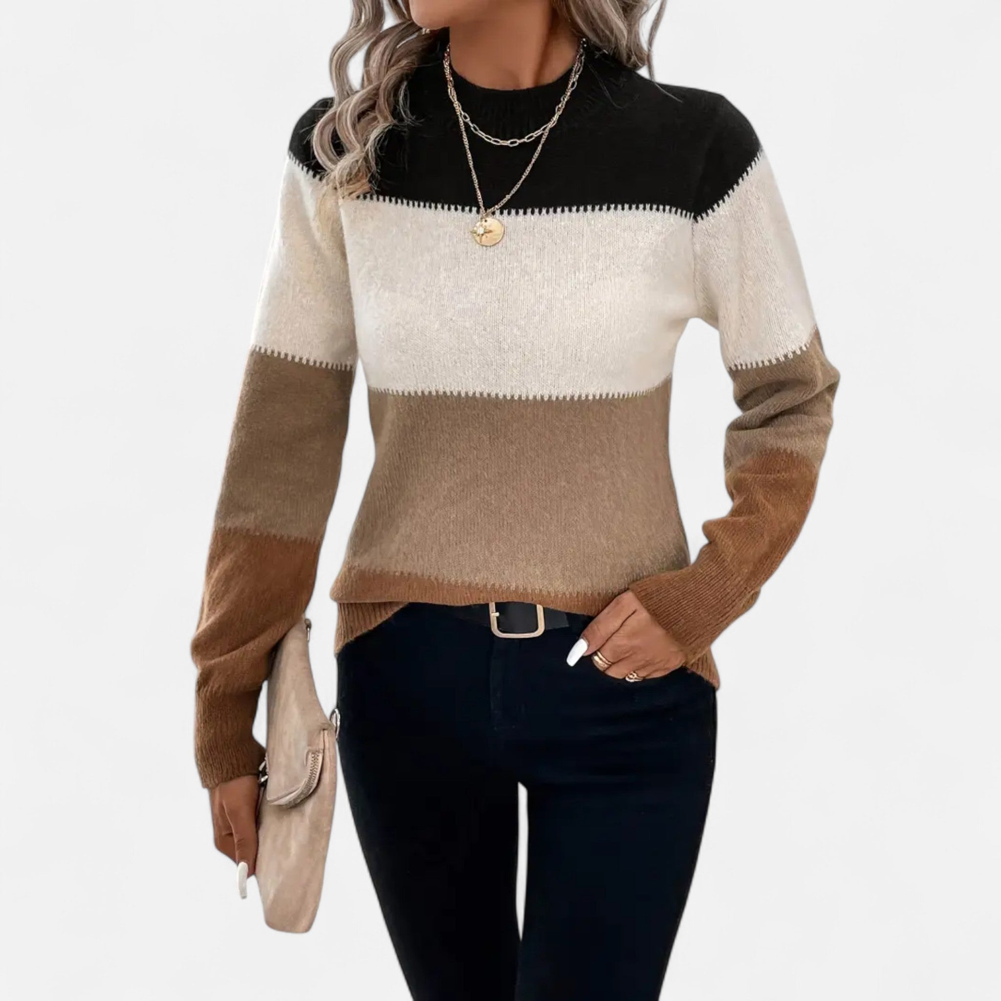 Velclairemode | Women's Color Block Stand-Up Collar Sweater for Fall-Winter