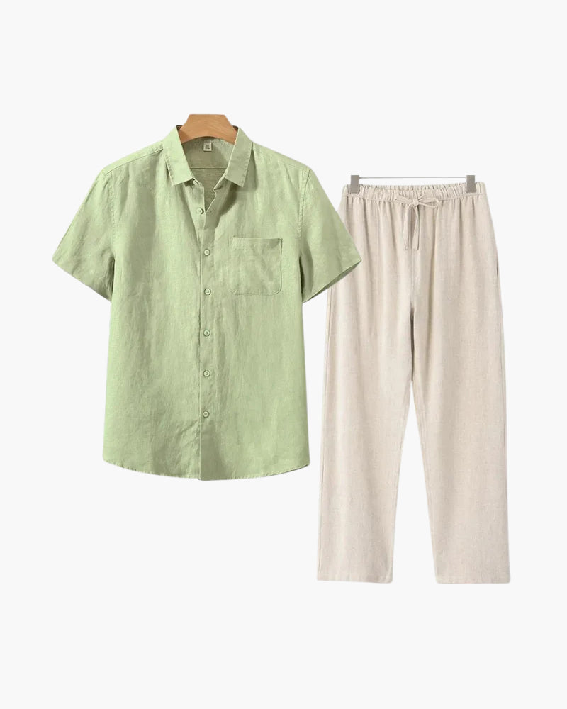 Set de relaxare din in pur pentru bărbați, cu cămașă cu mâneci lungi și pantaloni