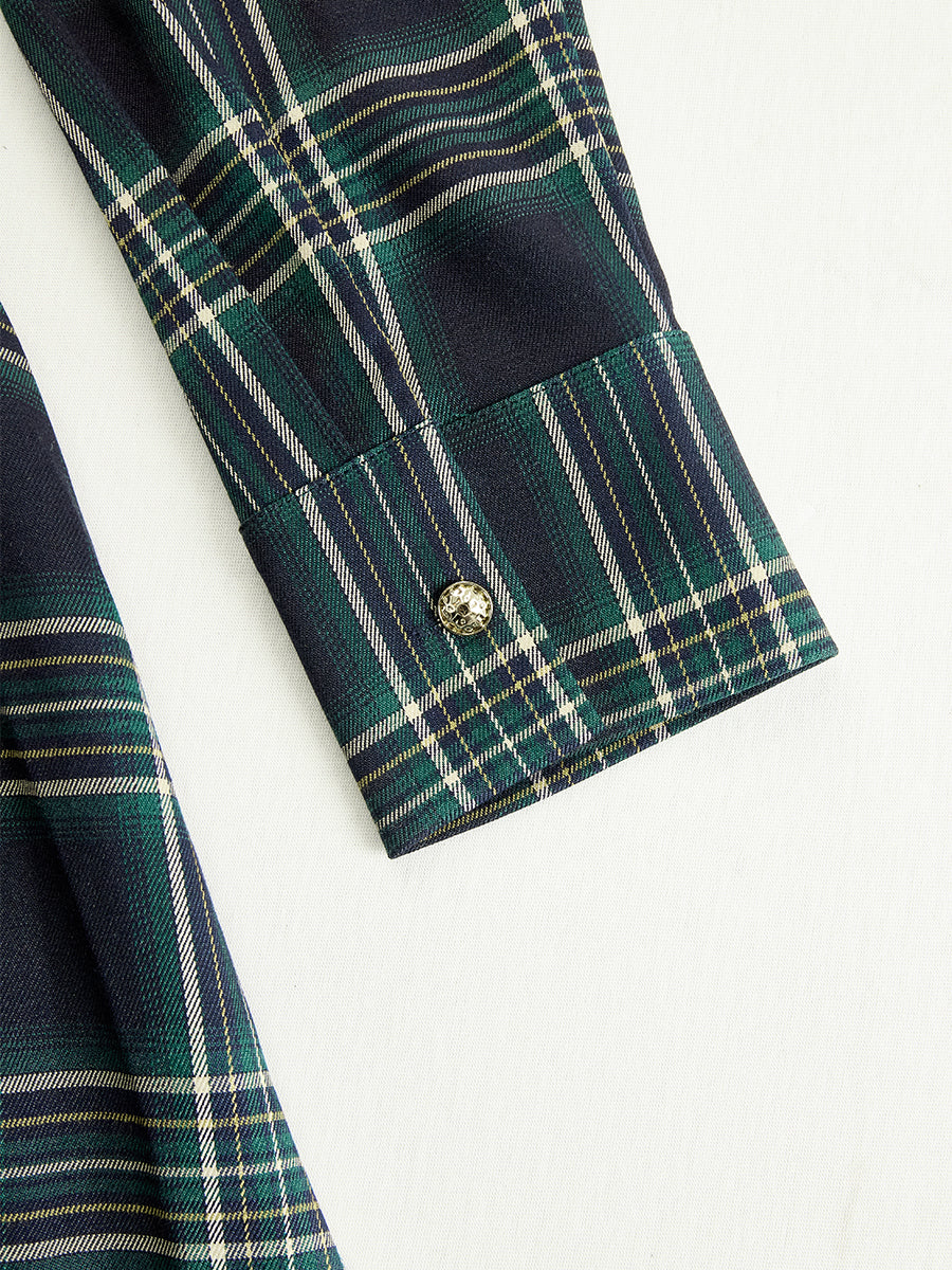 Robe Longue Chemise à Imprimé Écossais avec Manches Longues et Col Rabattu