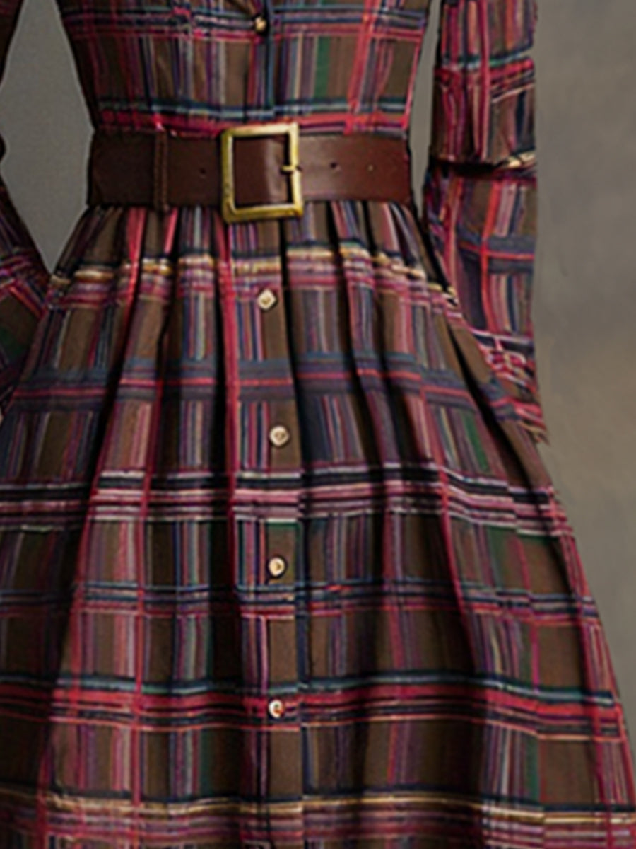 Robe Longue Chemise à Imprimé Écossais avec Manches Longues et Col Rabattu