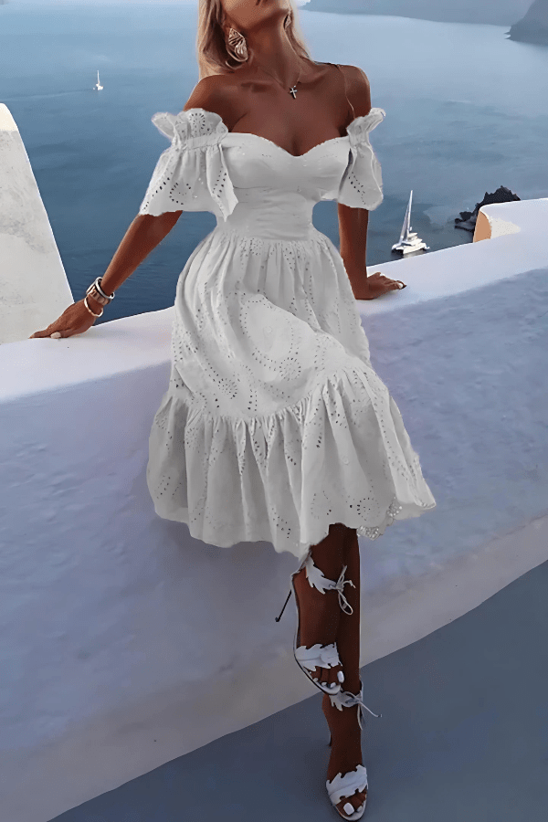 Robe Longue à Épaules Dénudées en Dentelle Anglaise avec Manches Volantées