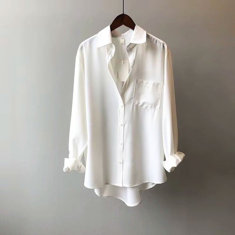 Chemise à Manches Longues en Mousseline de Polyester avec Poche Poitrine pour Femme