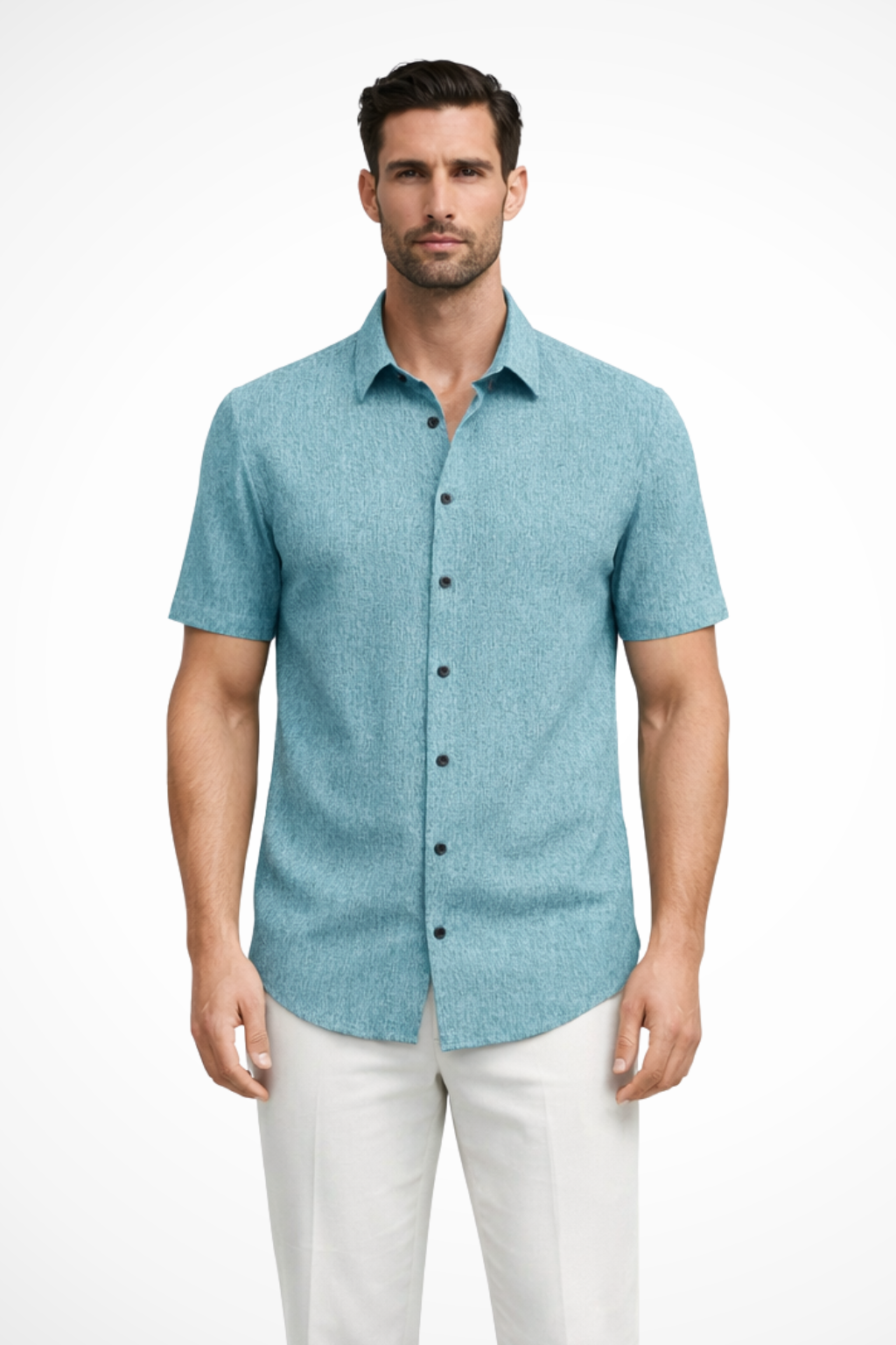Camisa Casual de Manga Curta para Homem com Textura Sutil e Gola Pontuda