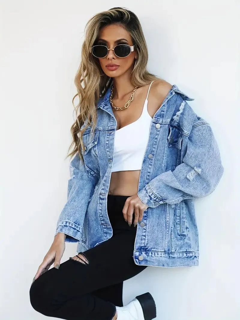 Giacca oversize in jeans con maniche lunghe e bottoni da donna
